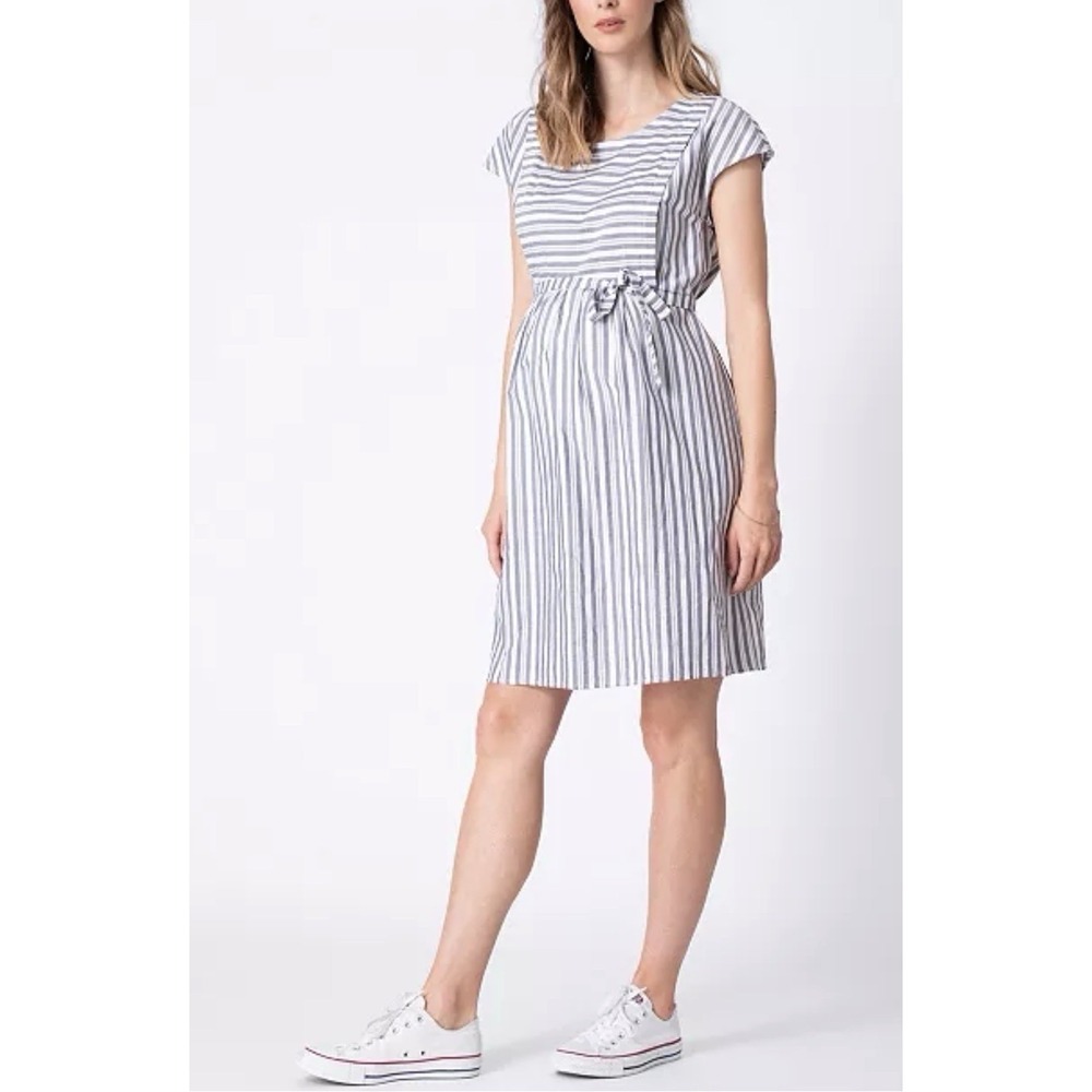 Seraphine Women's Presley Blue White Striped Maternity Nursing Dress Belt Size 4